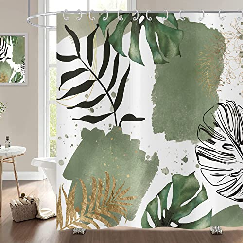 ASDCXZ Rideau de Douche Boho Feuilles 165x180 cm, Art Abstrait Moderne Vert Noir Or Feuilles de Palmier Rideau de Douche Lavable Textile Rideaux de Douche imperméables pour Baignoire avec 12 Crochets
