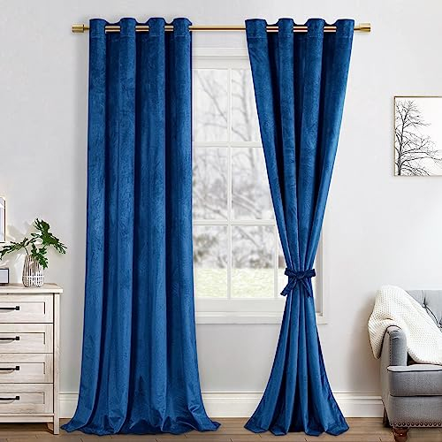 JIUZHEN Verdunklungsvorhang aus Samt,2er Set weiche blickdichte Gardinen mit Ösen für Schlafzimmer,140x245cm (Breite x Höhe),Marineblaue