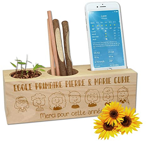 Schreibtisch-Organizer zum Personalisieren Thank Maîtresse, Lehrergeschenke, Schülermotiv, Pflanzen zur Auswahl (100 % umweltfreundlich) (Sonnenblume)