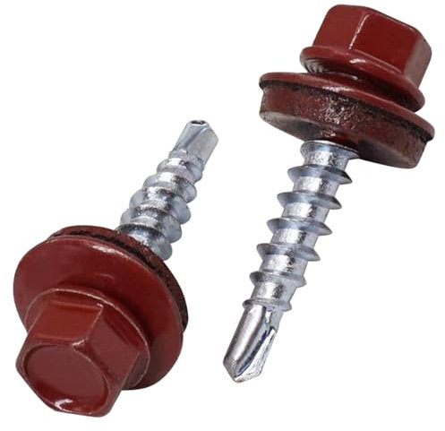 SKIR'CO (50 pièces) Vis à toiture, tête hexagonale, vis autoperceuses peintes 4,8 x 25 mm avec rondelles EPDM (Rouge Oxyde RAL 3009)