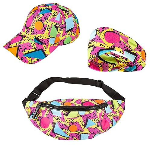 Bauchtasche für Damen und Herren, verstellbare Hüfttasche, Baseballmütze, Sonnenhut, breites Stirnband, Retro-Freizeit-Outfit, 80er-/90er-Jahre-Retro-Zubehör-Set, Hip-Hop, Disco-Party, Sommer, Reisen,