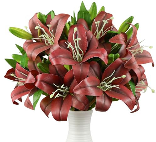 12 Stück Rote Künstliche Lilie Blume, Realistischer Langer Stiel Real Touch Stargazer Lilie, Faux Lily Fake Fake Blumen Mit Ruten Für Home Party Hochzeitstisch Herzstück Garten Diy Brüfungendecrage