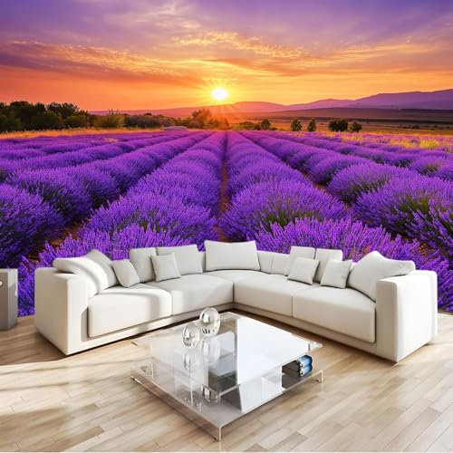Violet Papier Peint Intissé 3D Champ De Lavande Fleuri Panoramique Fresque Murale, Pour Salon & Chambre Fond Tv Décoration - (Facile À Poser) 250 X 175 Cm