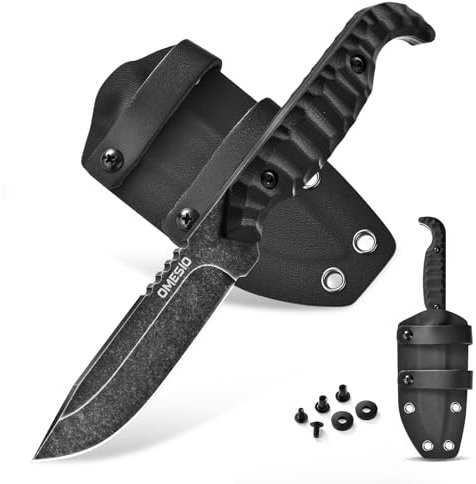 Omesio Outdoor Couteau Survival M-FT01, acier D2 Full Tang avec fourreau Kydex Couteau de ceinture, longueur de lame 9 cm Petit couteau de chasse, manche G10 Noir Randonnée Survival cadeau