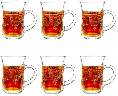 binsakao Turkish Tea Glasses Set of 6 - Gold Moroccan Tea Cups with Handle - 150 ml Footed Glass Coffee Mugs for Hot Cold Beverages Drinks