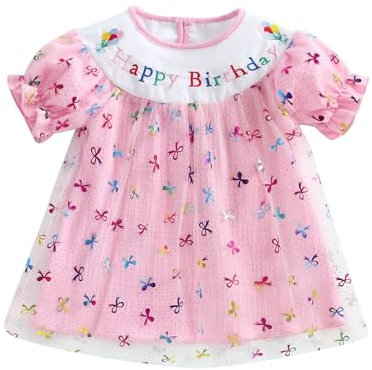 Geagodelia Abito da Principessa Bambina Compleanno Paillettes A Line Tulle tutù Gonna Manica Corta Fiocco Scintillante Lettera di Ricamo a più Livelli Orlo Gonfio Vestito da Festa (Rosa, 12-18 Mesi)