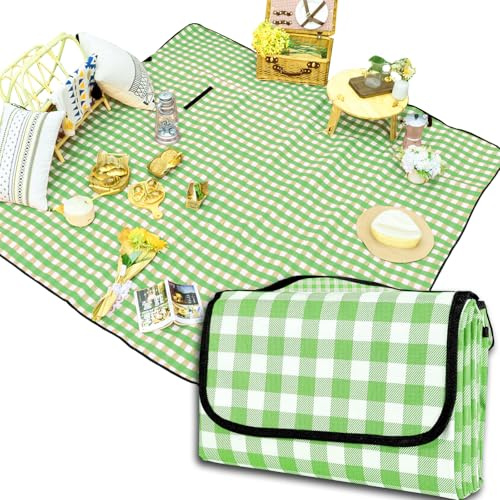 HAORQEE Large Waterproof Picnic Blanket 200x200cm, Outdoor Mat with Handle | Sandproof washable foldable. For camping, beach, tent, hiking, garden. Lightweight compact. Spring summer outdoor use.