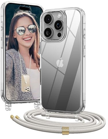 OLEPHY Handykette für iPhone 16 Pro Max Hülle mit Band, [Verstellbarem und Demontage Umhängeband], Transparente Handyhülle mit Kordel zum Umhängen für Wanderungen & Outdoor | Freiheit für Hände, Beige