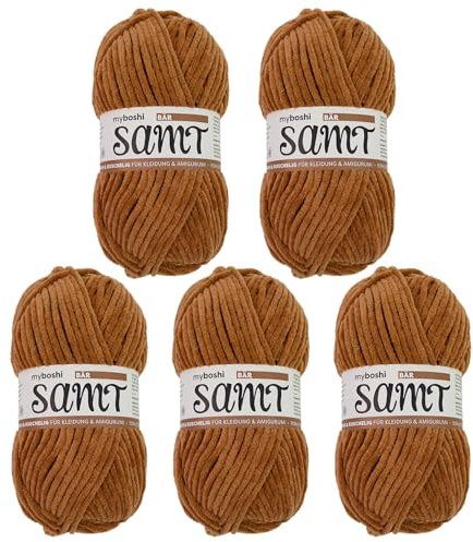 myboshi Samt Wolle zum Häkeln und Stricken, weiche Chenille Wolle im XXL-Knäuel, perfekt für Amigurumi und Kissen, 100% flauschige Polyester, 100g, Ll 100m Braun (Bär) 5 Knäuel