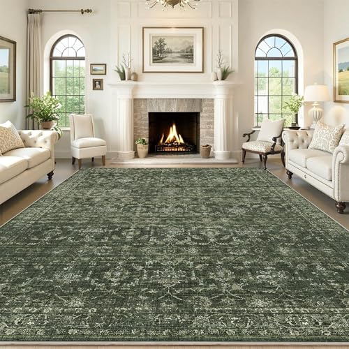 DUIDY 8x10 Washable Living Room Area Rug Soft Retro Dark Green Large Carpet