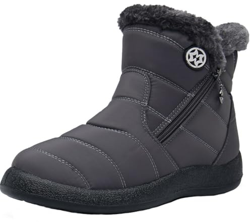 Women Winter Snow Boots Ladies Fur Lined Warm Outdoor Zip Flat Water-Resistant Thermal Non-Slip Ankle Booties Shoes Size,Grey_1,5 UK