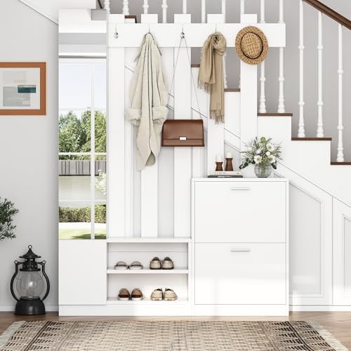 GigaXynium Ensemble de garde-robe avec miroir, armoire de couloir, étagère murale, garde-robe compacte, avec 2 armoires à chaussures à portes battantes inférieures + 2 armoires de rangement (blanc)