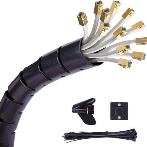 2 Pezzi 1.5M Spirale Cavi Elettrici, 16mm e 22mm Kit di Gestione Cavi di Tubo Protettivo Nero, Fascette per Cavi, Clip per Cavi e Clip di Guida per Filo per Un Organizzazione Efficiente