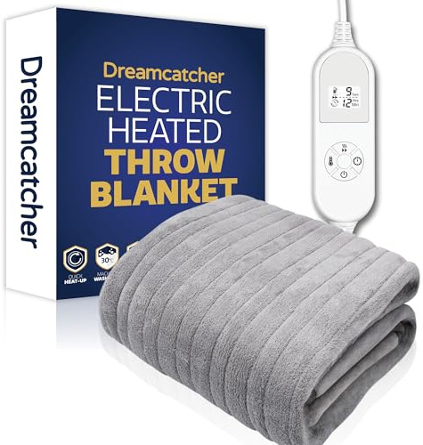 Dreamcatcher Heated Throw Blanket, 9 Heat Settings, 12HR Timer, Light Grey | Soft 160 x 120cm microfleece heated throw with 9 heat settings, 12-hour timer, detachable controller and 2m cable.