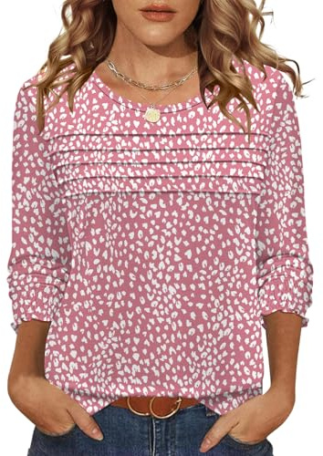 IECCP Women's Long Sleeve Tops Fall Trendy Tunic Tops Pleated Crew Neck T-Shirts Casual Loose Blouses Pink White Dot M