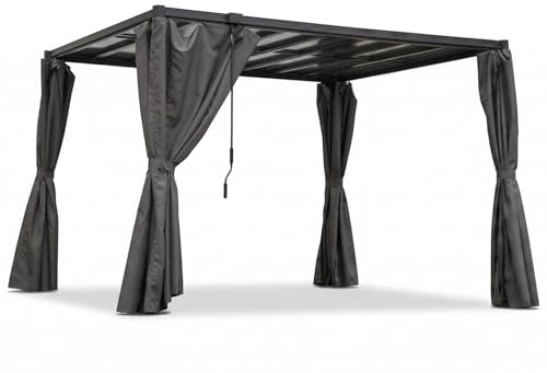 Lamellen-Pavillon Pergola | Lamellendach verstellbar wasserdicht 3 x 3,2 m | Wetterschutz mit Vorhang anthrazit