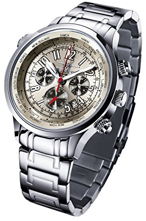 FIREFOX WORLDTIMER FFS40-115 Sunray silberbraun Weltzeitanzeige Chronograph Herrenuhr Armbanduhr Sicherheitsfaltschließe massiv Edelstahl Water Resistant Miyota OS20 Werk