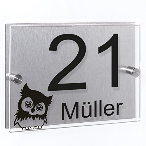 Wandkings Hausnummernschild - verschiedene Designs und Schriftarten wählbar/Schrift: Arial - Motiv: Eule