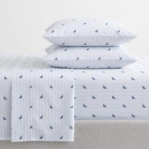 Nautica - Full Sheets, Cotton Percale Bedding Set, Casual Home Decor (Audley Stripe Blue, Full)
