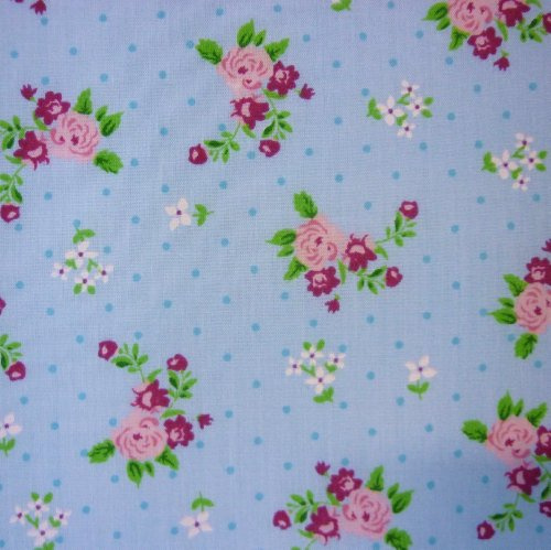 Blue Polka Dot Polycotton Fabric with Roses and Small Flower Print (Per Metre) by Nortex Mill