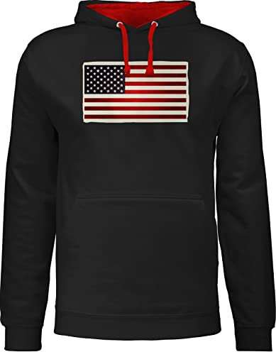 Shirtracer Pullover Herren Frauen Hoodie Kontrast zweifarbig - Kontinente - Flagge USA - XS - Schwarz/Rot - Amerika pullis American jh003 Flag Kapuzenpullover Hoody Damen
