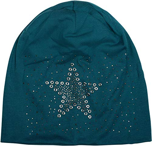 styleBREAKER Damen Stoff Beanie Mütze mit Stern Nieten und Strass Applikation, Lochnieten, Longbeanie 04024049, Farbe:Petrol
