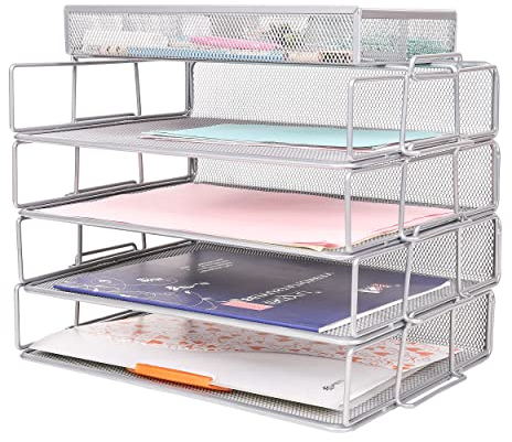 EXERZ Stapelbare Papiersortierer, 4 Stück, mit Zubehör-Organizer/4 Ebenen, Briefablage mit extra Trennwand, Memohalter Oben, Metall, Schreibtisch-Organizer für Büro, Schule, Zuhause