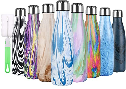 Flintronic Bottiglia Acqua in Acciaio Inox, 500ML Portatile Borraccia, Senza BPA, Borraccia Termica Acciaio Inox, Bottiglia d'Acqua con Spazzola per Scuola, All'aperto, Yoga, Palestra