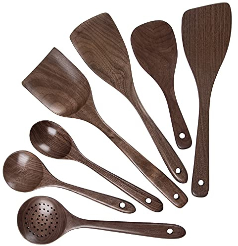 Black Walnut Kitchen Utensils Set, Standcn 7 Pcs Natural Walnut Wood Spatula Spoon for Cooking