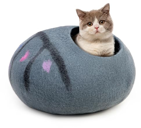 Katzenhöhle aus Wolle, mittelgroß, handgefertigt aus 100% Merinowolle, umweltfreundliche Filz-Katzenhöhle für Indoor-Katzen und Kätzchen (verzauberter Baum)