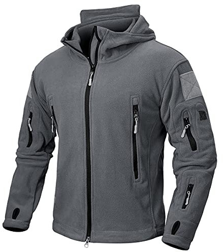 CARWORNIC Giacca tattica da uomo in pile caldo militare con cappuccio per sport all'aria aperta escursionismo cappotto con multitasche, Grigio, L