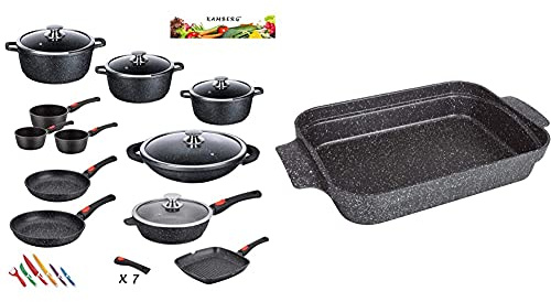 Kamberg - 0008162 - Set Lot Batterie de cuisine 27 pièces & 0008058 - Plat à Lasagnes/Plat à four 36 x 27.5 x 7 cm- Fonte d'aluminium - Revêtement pierre - Tous feux dont induction - Sans PFOA