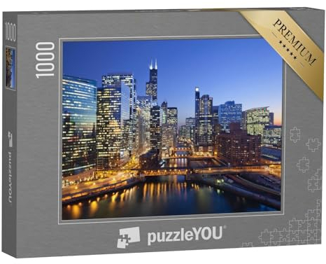 puzzleYOU: Puzzle 1000 Teile „Bild von Chicago Downtown und Chicago River mit Brücken bei Sonnenuntergang“ – aus der Puzzle-Kollektion Chicago