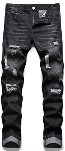 AITITIA Men's Ripped Regular Fit Jeans, 334 Black, 34