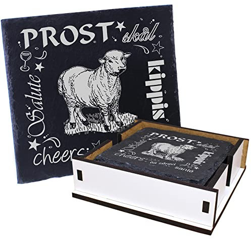 5X Schiefer Untersetzer - Prost Schaf - inkl. Holzbox & Flaschenuntersetzer Deko Glasuntersetzer Tassenuntersetzer