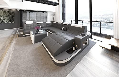Wohnlandschaft Wave XXL Sofa U Form in Leder - mit LED Beleuchtung, verstellbare Kopfstützen, Recamiere/Lederfarben wählbar/Ausrichtung wählbar (Ottomane rechts, Grau-Weiß)