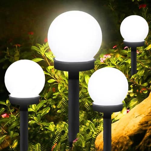 CINY Luz Solar Para Jardín Luces Solares Para Camino, Bola Redonda LED, Iluminación Para Exteriores, Luz De Estaca Lámpara Para Jardín, Valla De Flores, Césped, Patio (Blanco Frío, Paquete de 4)