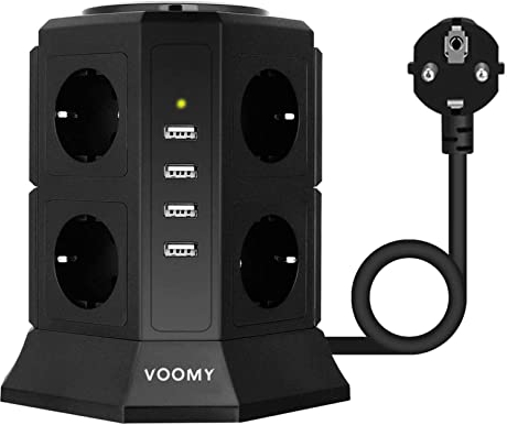VOOMY 12-in-1 Steckdosenleiste mit USB, 8 Fach Steckdosen, Mehrfachsteckdose Tower mit 4 USB, Mehrfachstecker mit Überspannungsschutz und 2M Kabel, Steckdose mit Schalter für Büro, Zuhause