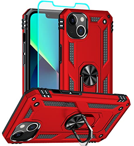 Aozuoton for iphone 13 Case, iphone 13 Phone Case with HD Screen Protector, [Military Grade 16ft. Drop Tested] Ring Shockproof Protective Phone Case for iphone 13,Red