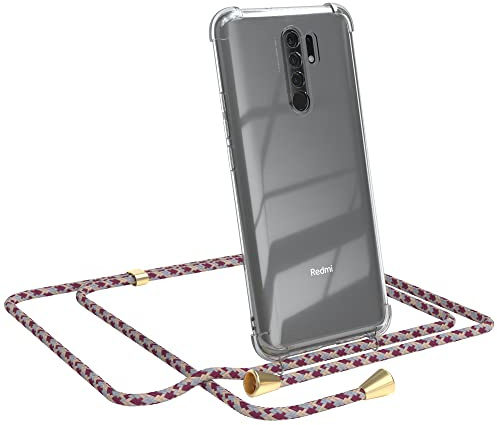 EAZY CASE Handykette kompatibel mit Xiaomi Redmi 9 / Redmi 9 Prime Handyhülle mit Umhängeband, Handykordel mit Schutzhülle, Silikonhülle, Hülle, Stylische Kette für Smartphone, Bordeaux Camouflage