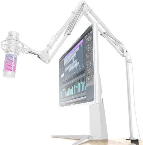 M05 Boom Arm, 360° Rotatable Microphone Stand with Desk Mount, Foldable Desk Mic Arm with 3/8'' to 5/8'' Screw Adapter, Microphone Arm for Live Streaming, Gaming, Podcasting, Radio (White(M02))