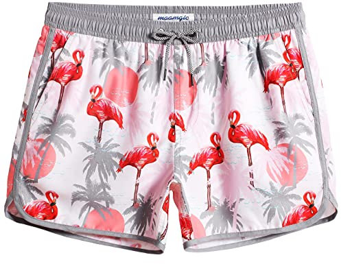 MaaMgic Herren Badeshorts Vintage Retro Boardshorts Schnelltrocknend Kurz Badehose Schwimmhose mit Mesh-Futter und Verstellbarem Tunnelzug,Sonne Flamingo Kokosnuss 4.5,M