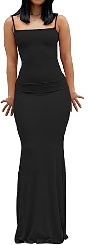 WINKEEY Sexy Kleid Damen Lang Elegant Hochzeitsgast Kleider Eng Ärmelloses Rückenfreies Sommerkleid Maxikleid Partykleid Summer Dress, Schwarz S