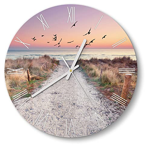 DEQORI Glasuhr | rund Ø 30 cm | Motiv Strandaufgang zur Ostsee | ausgefallene leise Design Uhr aus Glas | Wanduhr für Wohnzimmer & Küche | moderne Hingucker Uhr für die Wand
