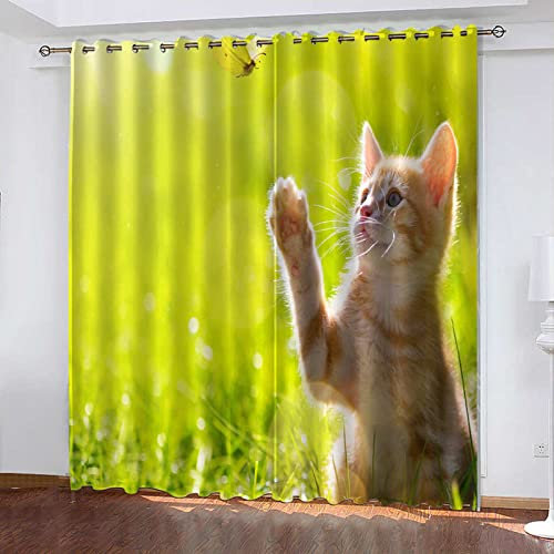 GOKSEL Fenster Vorhang Schlaufen-Vorhang 2 Stück x 110 B x 215cm H Tier & Katze Schmetterling Dekorative Gardine Schlaufenschal Fenster-Schal
