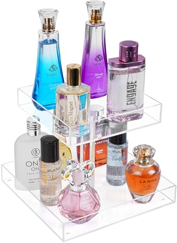 Winter Shore perfumy Organiser mit 2 Ebenen - Make-up-, Kosmetik- Hautpflege- & Parfüm Aufbewahrung - Durchsichtiger Acryl Ständer für Bad, Schminktisch, Küche, Schlafzimmer, Einzelhandelsgeschäfte
