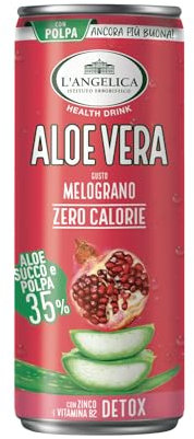 L'Angelica, Lattina Aloe Gusto Melograno, Aloe Vera da Bere 35%, Con Zinco e Vitamina B2, Zero Calorie e Detox, Succo di Frutta e Polpa, Senza Glutine, Confezione da 240ml