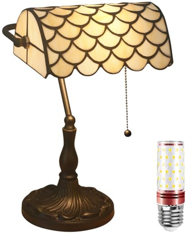 Uziqueif Retro Tiffany Style Tischlampe/Bankerlampe - E27 Schreibtischlampe mit Zugkettenschalter und 1 Leuchtmittel, Legierungsbasis - für Büro,Hause,Wohnzimmer,Schlafzimmer,Esszimmer,Fish scales