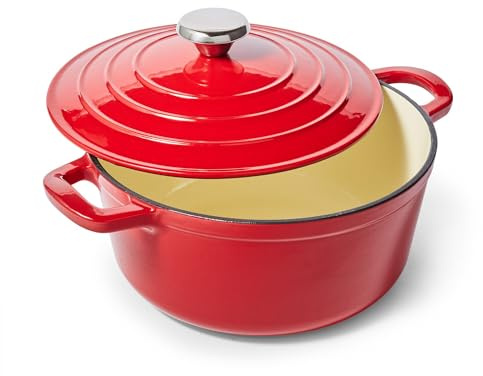 Sur La Table 4-Qt Enameled Cast Iron Dutch Oven – Oven & Broiler to 500°F, Induction Compatible, with Lid for Braising, Baking & Deep Frying, Nonstick Interior, Red