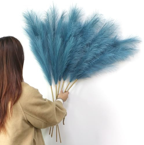 YiYa Pampasgras Kunstblumen Deko 6 Stück 104CM Künstliches Pampasgras Pampasgras Groß Trockenblumen Strauß Boho Deko für Büro Dekor Wohnzimmer Hochzeit Schlafzimmer (blau)